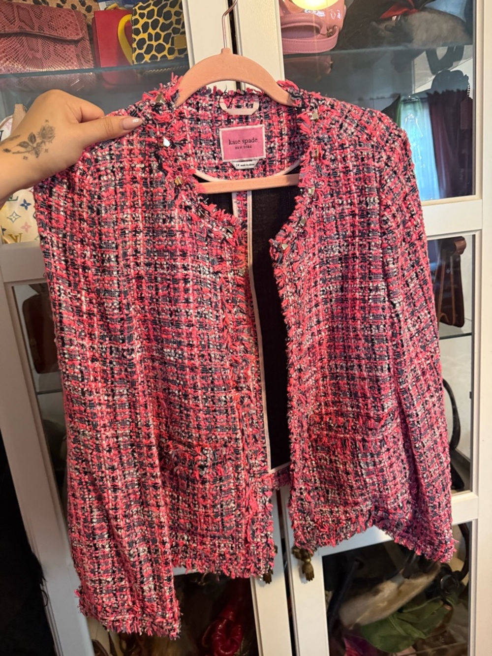kate spade Pink Tweed Fringe Open-Front Jacket